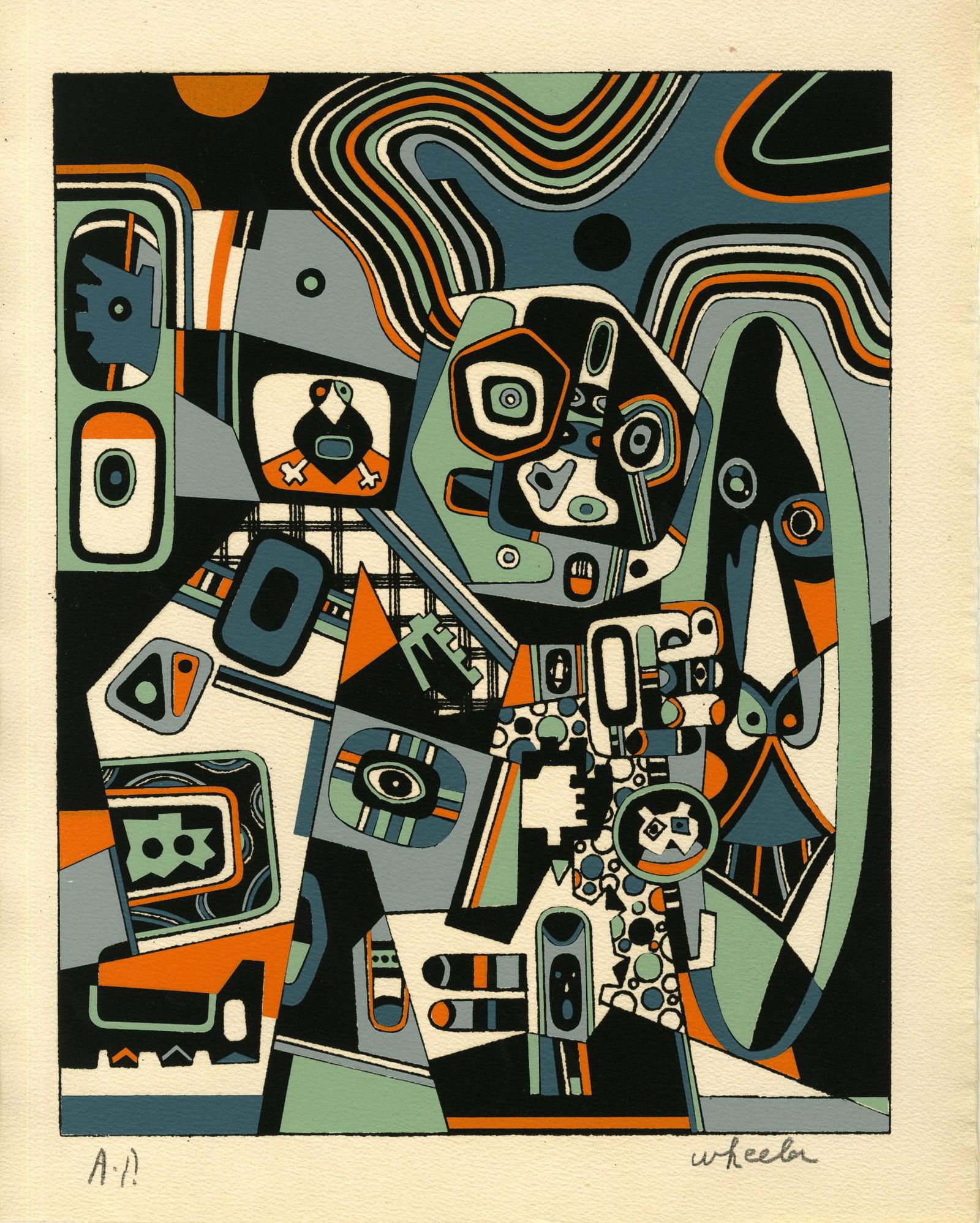 STEVE WHEELER - Two Smiles - Original color silkscreen: Artist: Steve Wheeler (American, 1912 - 1992). Title: "Two Smiles". Medium: Original color silkscreen. Date: Composed 1947. Dimensions: Overall size: 9 7/8 x 12 7/8 in. (251 x 327 mm). Image