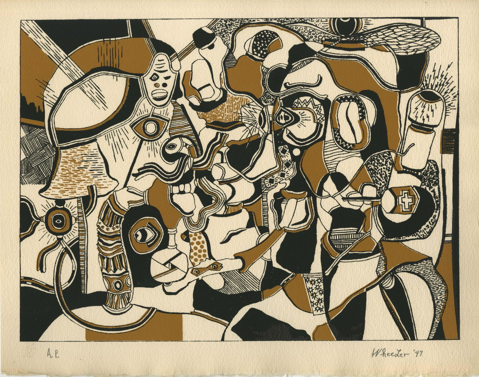 STEVE WHEELER - Sheik and Private Leon - Original color: Artist: Steve Wheeler (American, 1912 - 1992). Title: "Sheik and Private Leon". Medium: Original color silkscreen. Date: Composed 1947. Dimensions: Overall size: 9 7/8 x 12 7/8 in. (251 x 327