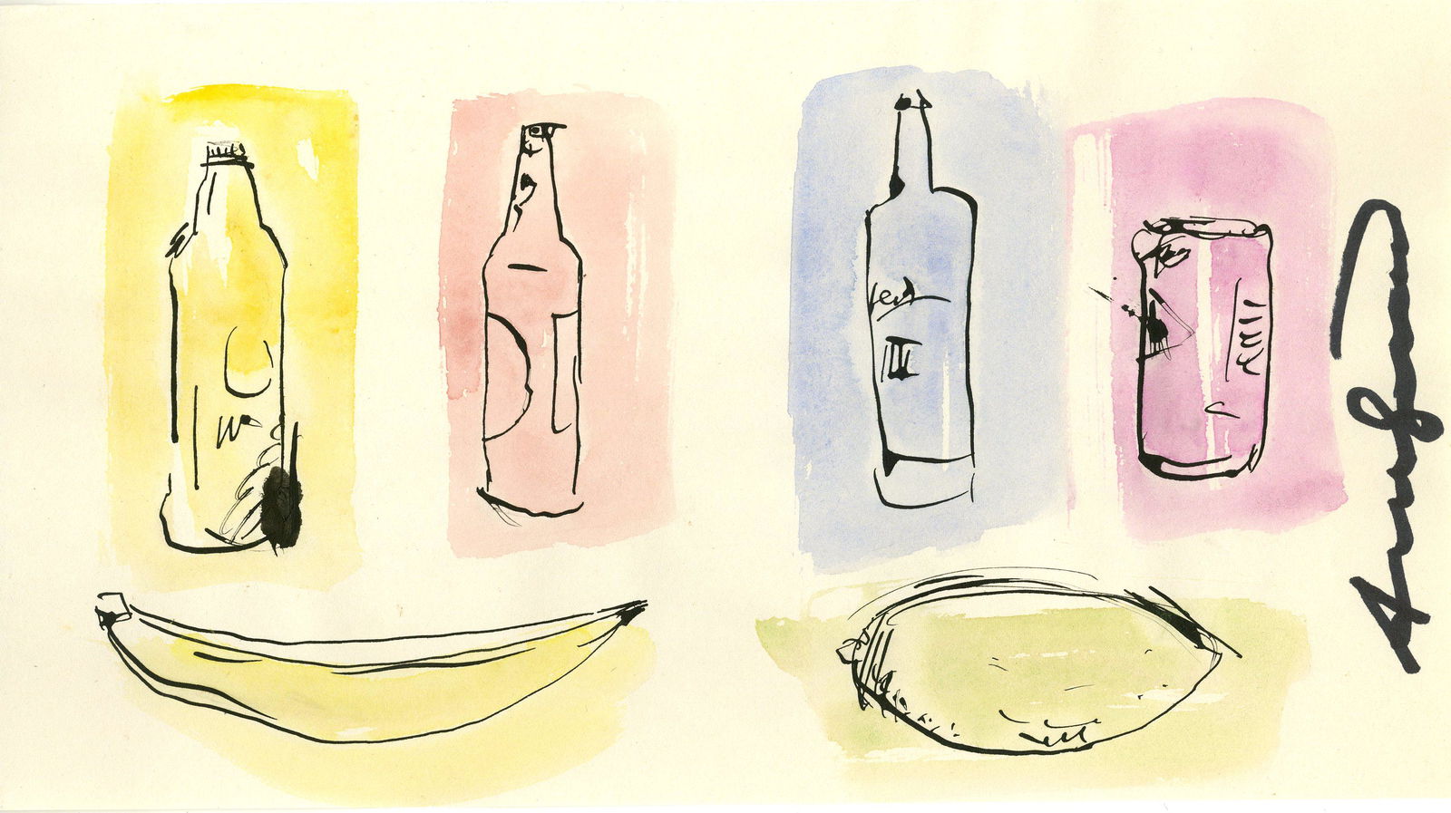 ANDY WARHOL - Bottles, Can, Fruit - Watercolor and ink (1 of 1)