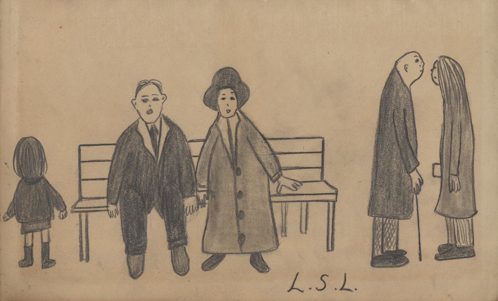 L. S. LOWRY - Couple Sitting on a Bench - Pencil: Artist: L. S. Lowry (English, 1887 - 1976). Title: "Couple Sitting on a Bench". Medium: Pencil drawing. Date: Composed 1958. Dimensions: Overall size: 5 3/4 x 9 3/8 in. (146 x 238 mm). Image