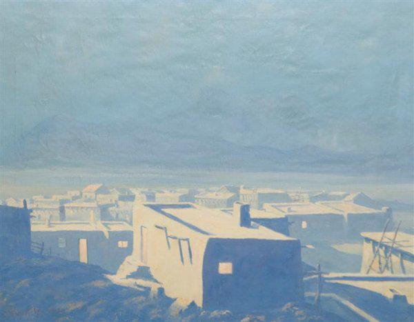 JACK VAN RYDER - Moonrise over the Pueblo - Oil on: Artist: Jack Van Ryder (American, 1898-1968). Title: "Moonrise over the Pueblo". Medium: Oil on canvas. Date: Composed c1937. Dimensions: Image size: 24 x 30 in. (610 x 762 mm).