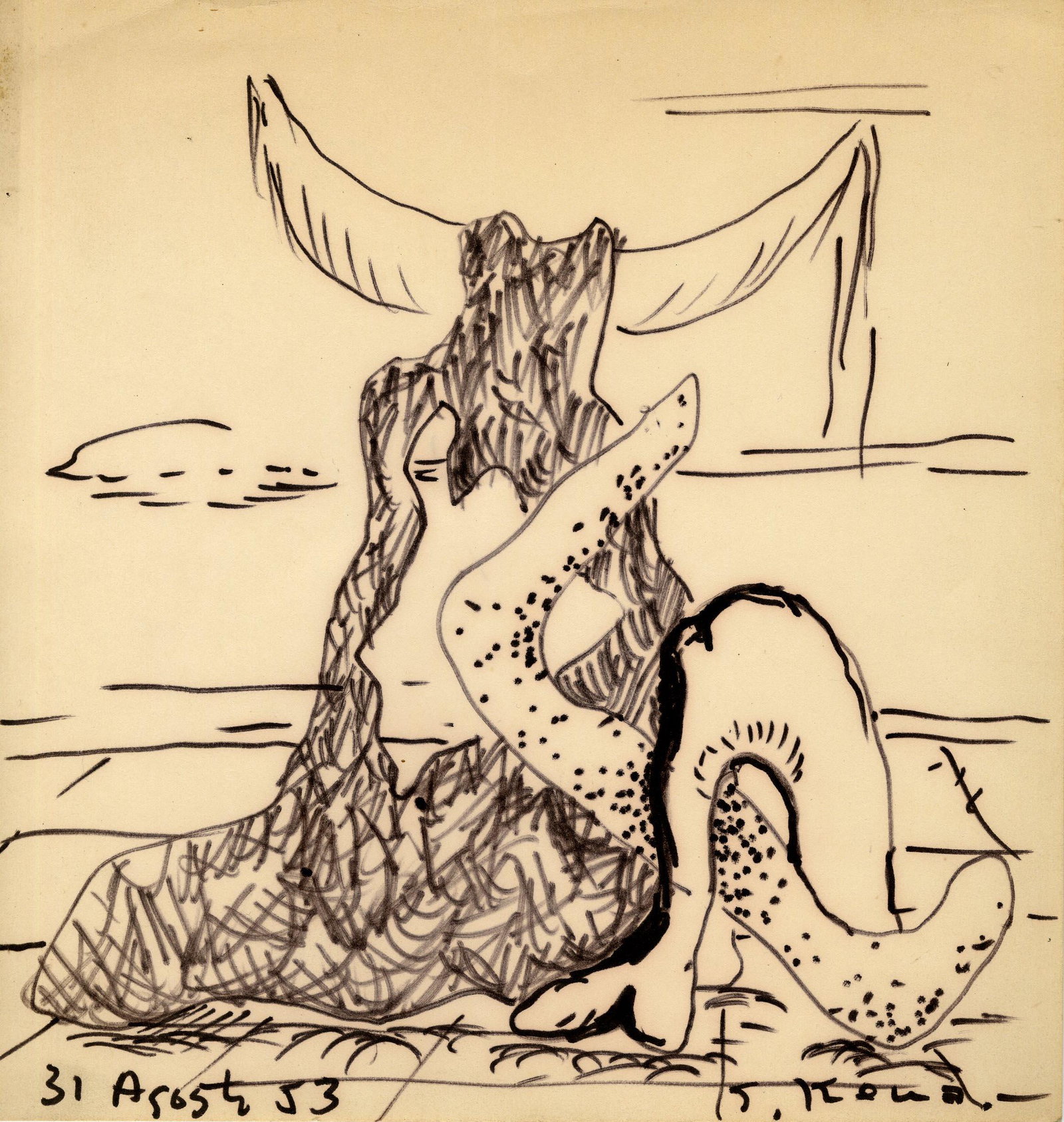 JALED MUYAES - Composicion #3 - Pen and ink on paper: Artist: Jaled Muyaes (Chilean/Mexican, 1921 - 2007). Title: "Composicion #3". Medium: Pen and ink on paper. Date: Composed 1953. Dimensions: Overall size: 8 1/4 x 7 7/8 in. (210 x 200