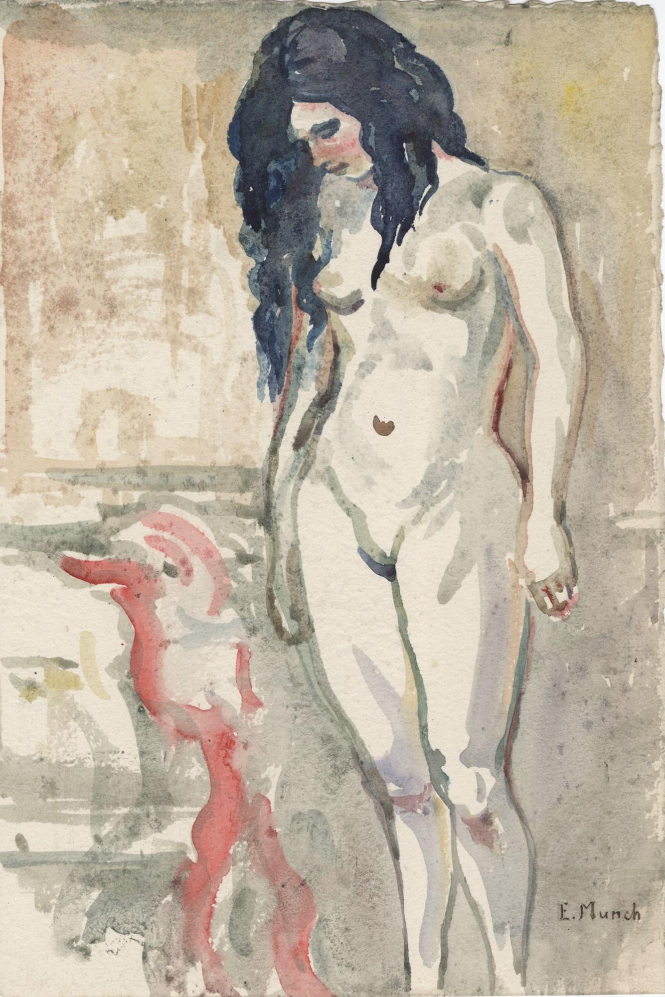 EDVARD MUNCH - Naken kvinne ved sengen - Watercolor on: Artist: Edvard Munch (Norwegian, 1863 - 1944). Title: "Naken kvinne ved sengen [Nude woman at bedside]". Medium: Watercolor on paper. Date: Composed c1922. Dimensions: Image size: 10