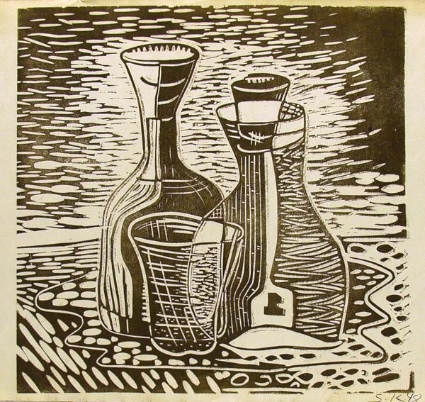 JALED MUYAES - Still Life with Bottles - Linocut: Artist: Jaled Muyaes (Chilean/Mexican, 1921 - 2007). Title: "Still Life with Bottles". Medium: Linocut. Date: Composed 1948. Dimensions: Overall size: 9 13/16 x 13 13/16 in. (249 x 35