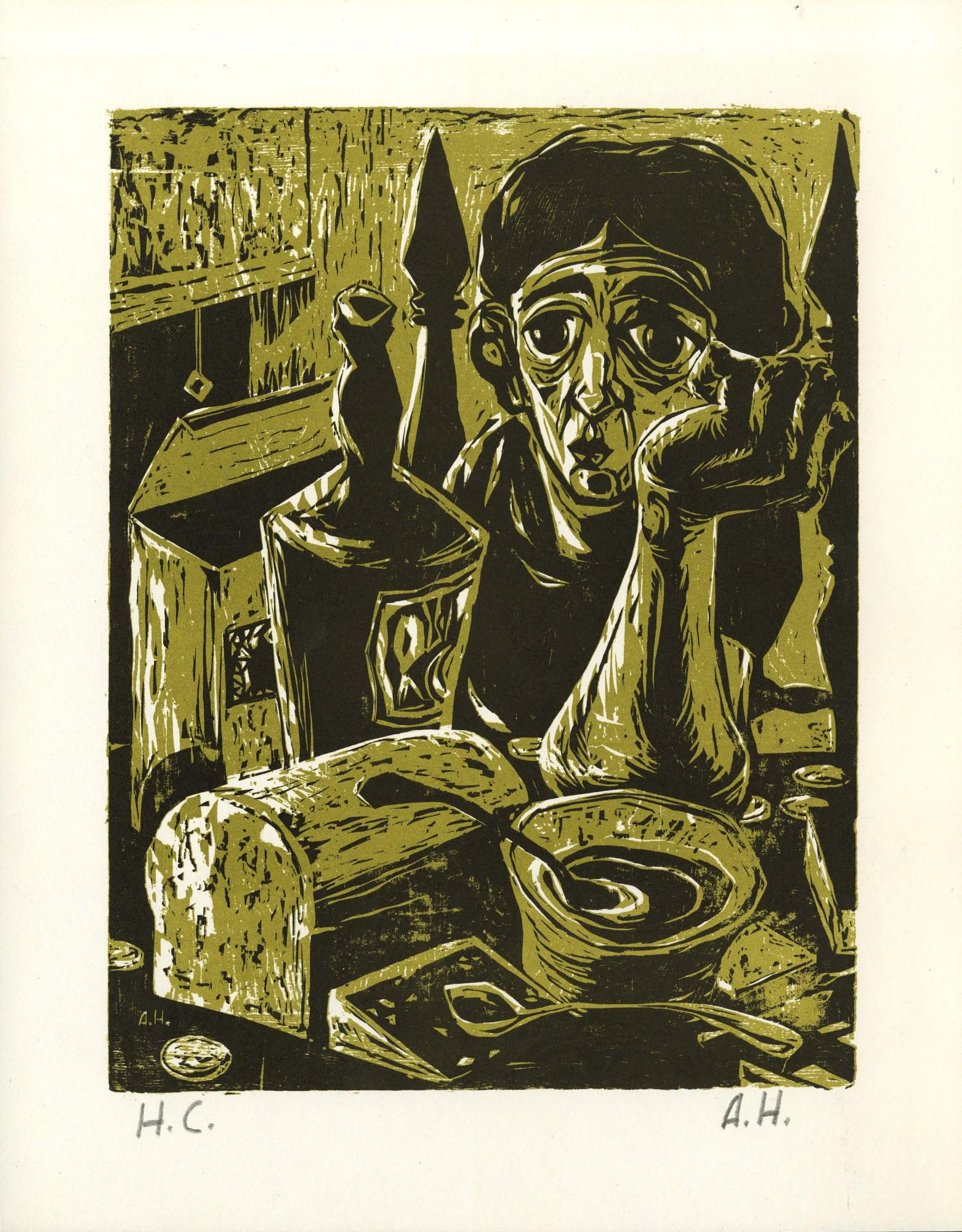 ALVIN HOLLINGSWORTH - Lonely Woman - Original color: Artist: Alvin Hollingsworth (American, 1928-2000). Title: "Lonely Woman". Medium: Original color woodcut. Date: Composed c1960. Dimensions: Overall size: 10 3/4 x 8 9/16 in. (273 x 21