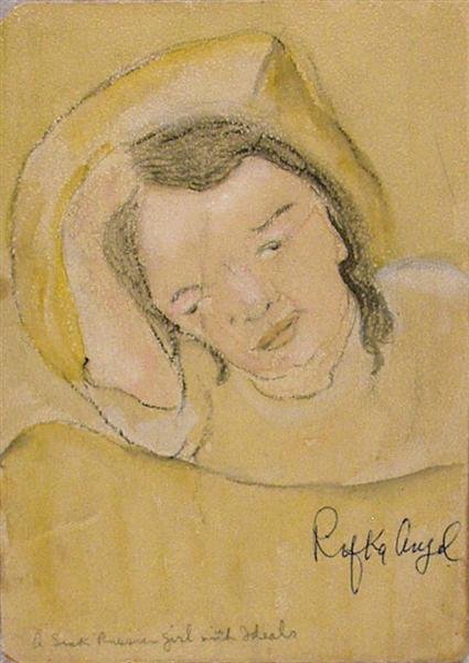 RIFKA ANGEL (American/Russian) Gouache and pencil o: Rifka Angel (American/Russian, 1899 - 1986). "A Sick Russian Girl with Ideals". Gouache and pencil on paper. 1950s. Signed in pen, lower right. Titled in pencil, lower left. 8 x 5 5/8 in. (203 x 143 m