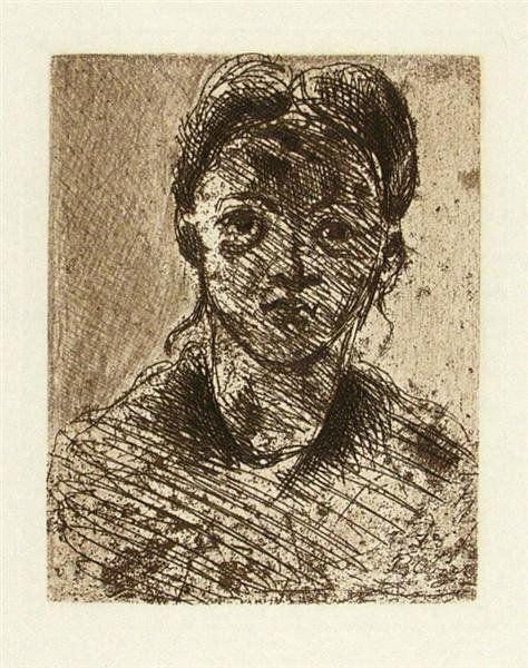 PAUL CEZANNE (French) Etching with roulette: Paul Cezanne (French, 1839 - 1906). "Tête de Jeune Fille". Etching with roulette. 1873. Printed later. Signed and dated in the plate. Cream paper. Very wide margins. 5 1/4 x 4 in. (133 x 102 mm). [C4