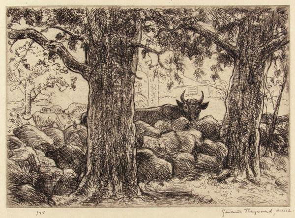 GRANT REYNARD (American) Etching: Grant Reynard (American, 1887 - 1967). "Mrs. McDowell, Cow and Stone Fence". Etching. 1930s. Edition of 75. Signed in pencil, lower right; editioned in pencil, lower left. 5 x 7 in. (127 x 178 mm). Sh