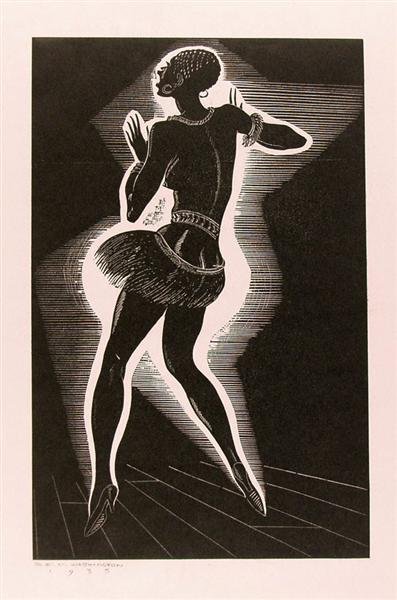 WASHINGTON, E.M. & UNIDENTIFIED ARTIST Woodcut: Washington, E.M. & Unidentified Artist. "Ecstatic Dancer (Josephine Baker?)". Woodcut. c1998. Erroneously annotated "E.M. Washington 1935" in pencil, lower left. 10 7/8 x 6 15/16 in. (276 x 176 mm). S