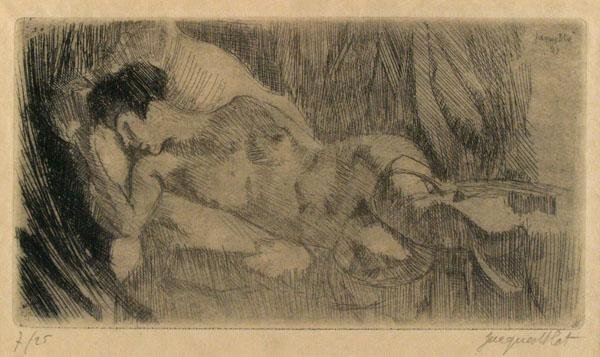 JACQUES EMILE BLOT (French) Etching: Jacques Emile Blot (French, 1885 - 1960). "Nude Asleep". Etching. 1924. Print #7 of edition of 25. Signed in pencil, lower right; numbered in pencil, lower left. Signed and dated in the plate, upper r