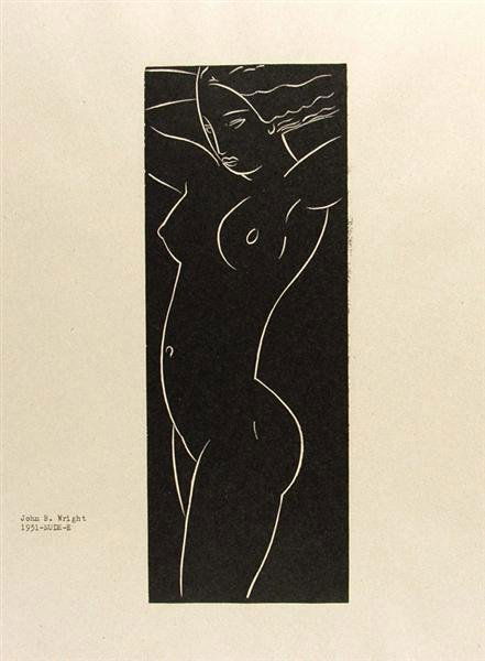 JOHN BUCKLAND-WRIGHT (New Zealander/English) Woodc: John Buckland-Wright (New Zealander/English, 1897 - 1954). "Nude E". Woodcut. 1931. Annotated lower left. 9 5/8 x 3 5/8 in. (244 x 92 mm). Sheet Size: 12 x 9 in. (305 x 229 mm). [20718]