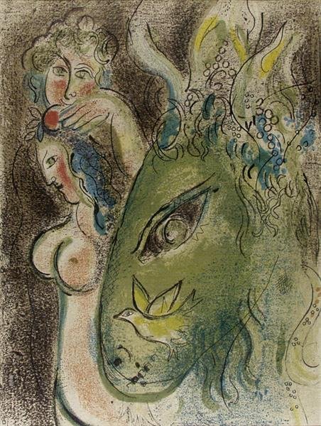 MARC CHAGALL (Russian/French) Color lithograph: Marc Chagall (Russian/French, 1887 - 1985). "Job Praying". Original color lithograph. 1960. Fine impression. 13 3/4 x 10 1/4 in. (349 x 260 mm). This print sold at Reiss & Sohn [Germany] (Alte und Neu