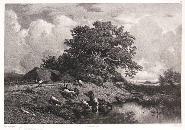 JULES DUPRE (French) Lithograph: Jules Dupre (French, 1811 - 1889). "L'Abreuvoir". Lithograph. c1836. Wove paper. Fine impression. 6 x 8 7/8 in. (152 x 225 mm). Sheet Size: 6 3/4 x 9 3/16 in. (171 x 233 mm). [18917]