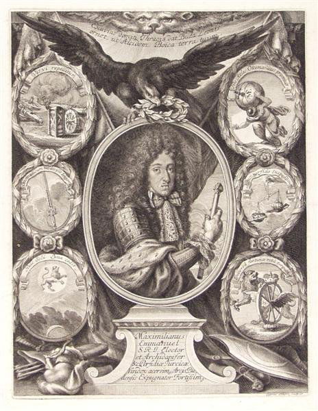 GABRIEL EHINGER (German) Engraving: Gabriel Ehinger (German, 1652-1736). "Maximilianus Emmanuel". Engraving. c1700. Fine impression. 10 1/8 x 7 3/4 in. (257 x 197 mm). Sheet Size: 15 5/16 x 11 1/8 in. (389 x 283 mm). [19053]
