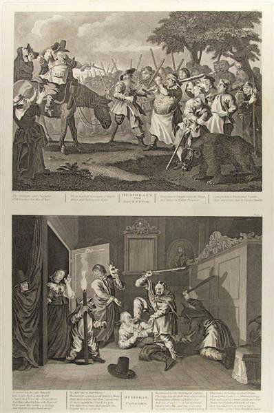 WILLIAM HOGARTH (English) Engraving: William Hogarth (English, 1697 - 1764). "Illustrations from Hudibras: First Adventure and Catechiz'd, Plate 3". Engraving. 1726. Signed in the plate. Fine impression. 21 1/2 x 14 1/4 in. (546 x 362 mm