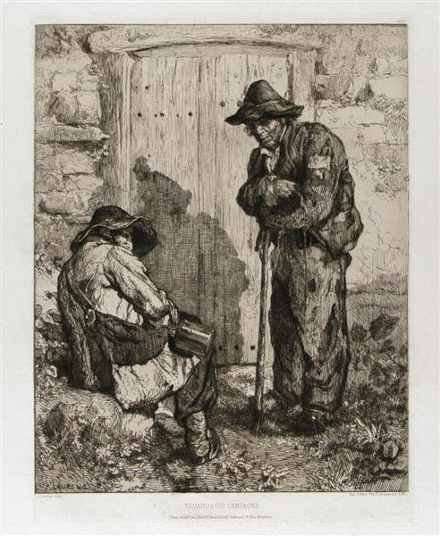 JULES JOSEPH AUGUSTIN LAURENS (French) Etching: Jules Joseph Augustin Laurens (French, 1825 - 1901). "Truands de Campagne". Etching. 1866. Signed in plate, lower left; blind stamp in lower margin. Full margins. Fine impression. 12 3/8 x 9 3/8 in. (