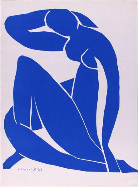 HENRI MATISSE (French) Color lithograph: Henri Matisse (French, 1869 - 1954). "Nu Bleu II". Color lithograph. 1952/1954. Signed with the printed signature and date. Smooth pale cream wove paper. Full sheet, as printed. Completely fresh color
