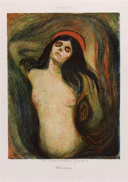 EDVARD MUNCH [AFTER] (Norwegian) Color copper plat: Edvard Munch [after] (Norwegian, 1863 - 1944). "Madonna (Monna)". Original color copper plate gravure. c1905. Wide margins. Fine impression. 6 1/16 x 4 1/16 in. (154 x 103 mm). Printed by O. Felsing i