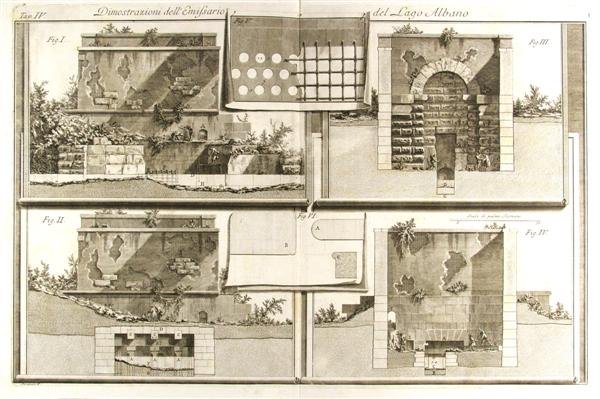 FRANCESCO PIRANESI (Italian) Engraving: Francesco Piranesi (Italian, 1758 - 1810). "Dimostrazioni dell Emissario del Lago Albano". Engraving. c1770s. Heavy laid paper. Wide margins. Fine impression. 16 1/4 x 24 1/4 in. (413 x 616 mm). Sheet