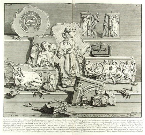G. B. PIRANESI (Italian) Original engraving: G. B. Piranesi (Italian, 1720-1778). "Frammenti delle Camere…della Famiglia di Augusto". Original engraving. Signed "Piranesi" in the plate. 1778. First edition. Heavy laid paper. Full margins. Fine