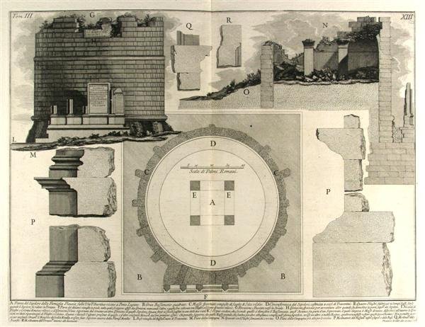FRANCESCO PIRANESI (Italian) Engraving: Francesco Piranesi (Italian, 1758 - 1810). "Palmi Romani (A - Pianta del Sepolero…)". Engraving. c1770s. Heavy laid paper. Wide margins. Fine impression. 15 5/8 x 20 5/8 in. (397 x 524 mm). Sheet Si