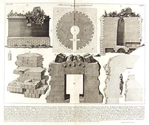 FRANCESCO PIRANESI (Italian) Engraving: Francesco Piranesi (Italian, 1758 - 1810). "Palmi Romani (A - Pianta…)". Engraving. c1770s. Heavy laid paper. Wide margins. Fine impression. 17 1/16 x 20 3/16 in. (433 x 513 mm). Sheet Size: 21 1/8 