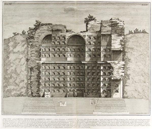 FRANCESCO PIRANESI (Italian) Original engraving: Francesco Piranesi (Italian, 1758 - 1810). "Spaccato della Camera Sepocrale de 'Liberte Servi…Famiglia de Augusto…". Original engraving. c1778. Heavy laid paper. Full margins. Fine impression. Ver