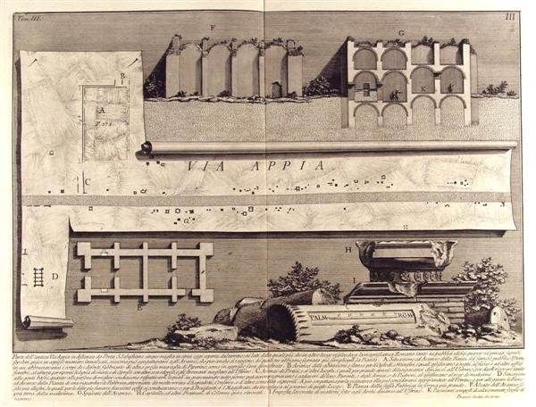 FRANCESCO PIRANESI (Italian) Engraving: Francesco Piranesi (Italian, 1758 - 1810). "Via Appia". Engraving. c1770s. Heavy laid paper. Wide margins. Fine impression. 15 5/8 x 20 5/8 in. (397 x 524 mm). Sheet Size: 21 1/4 x 29 1/2 in. (540 x 7