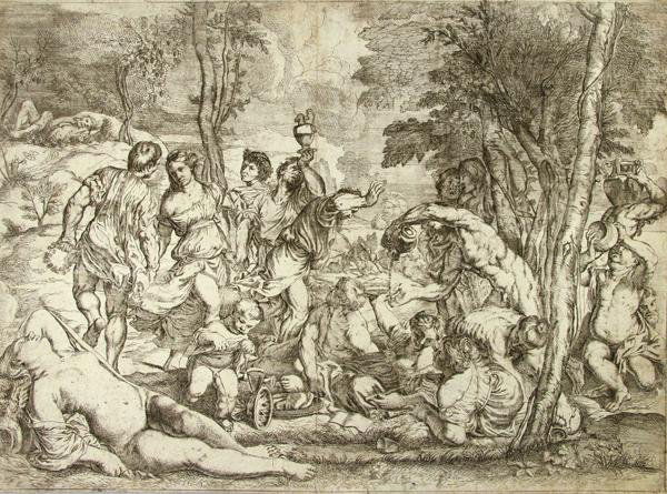 GIOVANNI ANDREA PODESTA (Italian) Etching: Giovanni Andrea Podesta (Italian, 1620 - 1674). "Bacchanal with the Inebriated Inhabitants of the Island of Andros [After Titian]". Etching. c1650. 16 1/2 x 22 1/2 in. (419 x 571 mm). The larger plate