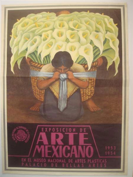 DIEGO RIVERA [AFTER] (Mexican) Original color lith: Diego Rivera [after] (Mexican, 1886 - 1957). "Vendedores de Flores (Exposicion de Arte Mexicano)". Original color lithograph & offset color lithograph poster. 1954. Signed in the matrix. 36 1/4 x 26 1