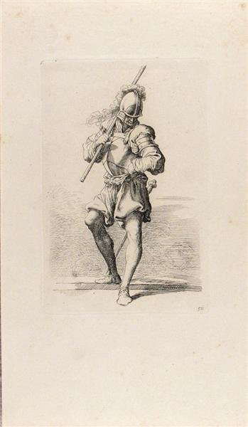 SALVATOR ROSA [AFTER] (Italian) Etching with drypo: Salvator Rosa [after] (Italian, 1615 - 1673). "Figurina: A warrior holding a staff over his shoulder and stepping off a low ledge". Etching with drypoint. c1656-57. Printed c1715. Numbered "50" in the