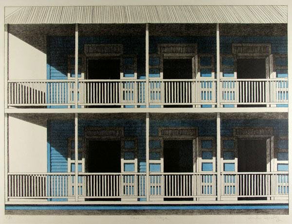 EMILIO SANCHEZ (Cuban/American) Color lithograph: Emilio Sanchez (Cuban/American, b.1921). "Casa de Playa". Color lithograph. c1950s. Print #9 of edition of 50. Signed in pencil, lower right; titled in pencil, lower center; numbered in pencil, lower