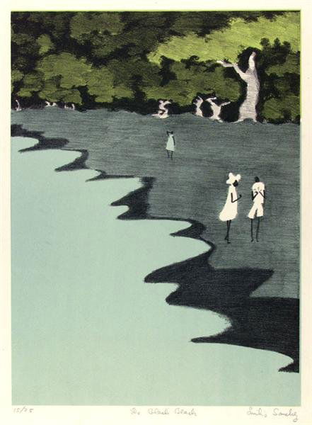 EMILIO SANCHEZ (Cuban/American) Lithograph: Emilio Sanchez (Cuban/American, b.1921). "The Black Beach". Lithograph. c1950s?. Print #15 of edition of 25. Signed in pencil, lower right; titled in pencil, lower center; numbered in pencil, lower le