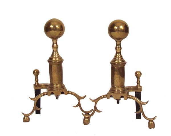 AMERICAN SCHOOL [20TH CENTURY] Metalware: American School [20th Century]. "Pair of Brass Canonball Andirons". Metalware. 18" H x 12" W x 8" D [20577]