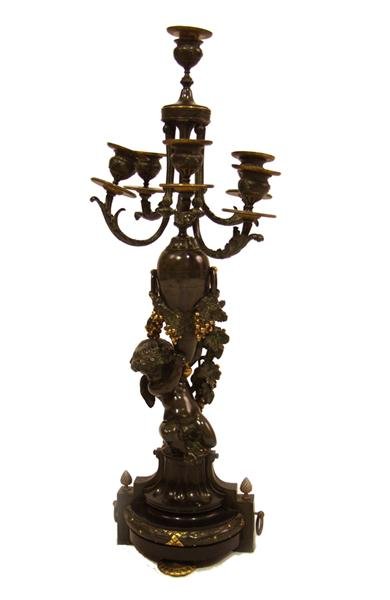 CONTINENTAL SCHOOL [19TH CENTURY] Lighting - Cande: Continental School [19th Century]. "Carved Onyx & Bronze Candelabra". Lighting - Candelabra. 19th century. Six light candelabra with applied gilt. Fern branches support urns with gilt drips. Bronze ch