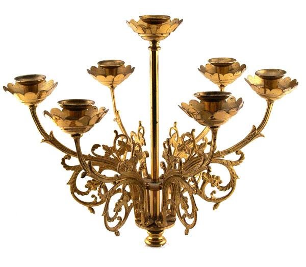 CONTINENTAL SCHOOL [20TH CENTURY] Lighting - Chand: Continental School [20th Century]. "Brass Candlestick Chandelier No. 1". Lighting - Chandelier. Holds 7 candles. 14 1/2 in. tall. 17 in. diameter. [21932]