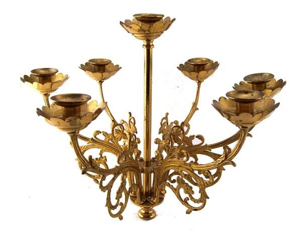 CONTINENTAL SCHOOL [20TH CENTURY] Lighting - Chand: Continental School [20th Century]. "Brass Candlestick Chandelier No. 2". Lighting - Chandelier. Holds 7 candles. 14 1/2 in. tall. 17 in. diameter. [21935]