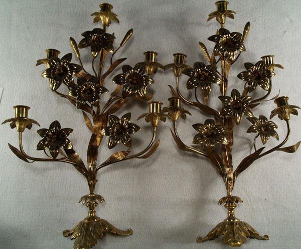 CONTINENTAL SCHOOL [20TH CENTURY] Lighting - Cande: Continental School [20th Century]. "Pair of Decorative Brass Candelabras with Floral Motif". Lighting - Candelabras. 12 in. long. 20 in. tall. [21934]