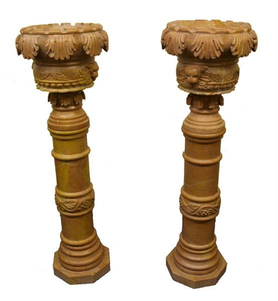 CONTINENTAL SCHOOL [20TH CENTURY] Garden object: Continental School [20th Century]. "Pair of Marble Pedestals". Garden object. 49 in. tall (assembled). 16 in. diameter. [22559]