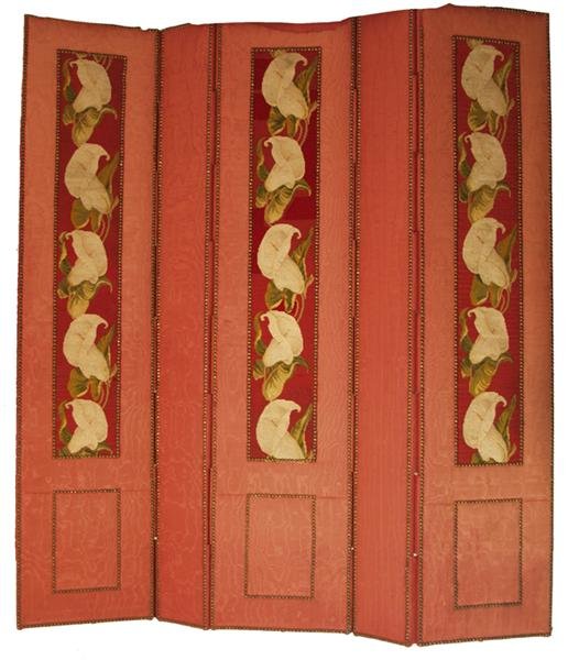 CONTINENTAL SCHOOL [20TH CENTURY] Furniture - Scre: Continental School [20th Century]. "Red Paneled Fabric Screen". Furniture - Screen. 80 in. (height) x 72" (width) x 1" (thick). [20532]