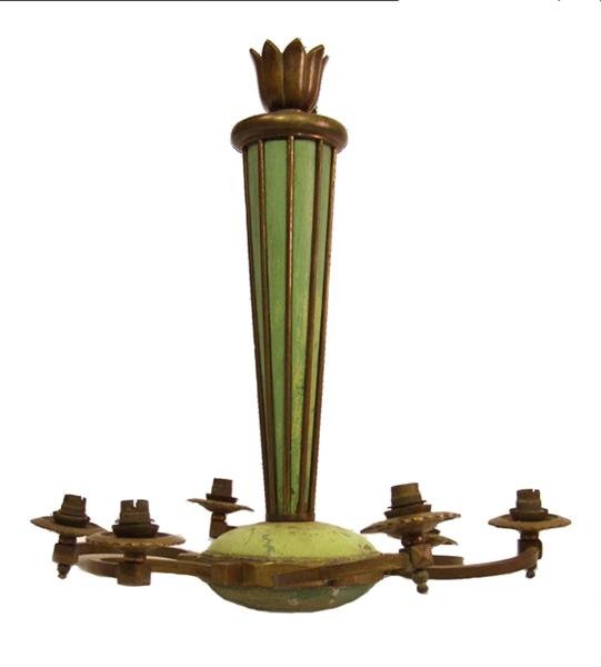CONTINENTAL SCHOOL [20TH CENTURY] Lighting - Chand: Continental School [20th Century]. "Six-Light Art Deco Chandelier". Lighting - Chandelier. 24 in. tall. 23 in. diameter. Needs repair. [20502]