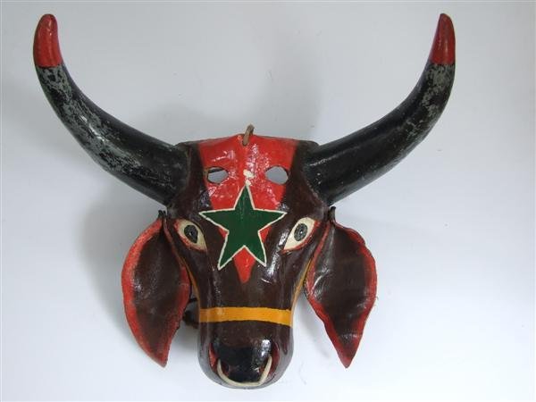 MEXICAN MASKMAKER [20TH CENTURY] Hand-painted, han: Mexican Maskmaker [20th Century]. "Mexican Mask [Traditional - 0040]. Carnival Toro Mask, Alto Tio Diego, State of Veracruz [Mexico]". Hand-painted, hand-carved polychromed natural wood with natural h