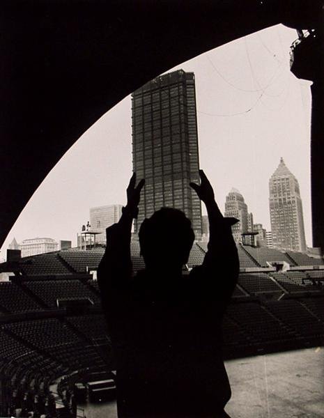 MORRIS BERMAN (American) Vintage gelatin silver pr: Morris Berman (American, 1910 - 2002). "Raising a Tower". Vintage gelatin silver print. c1960s-1970s. Printed c1960s-1970s. Stamped "Post-Gazette Photo by Morris Berman" on verso. Signature stamp and 