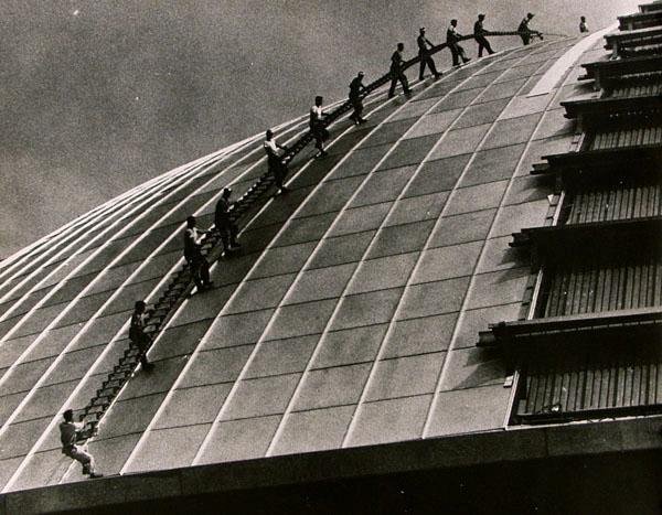 MORRIS BERMAN (American) Vintage gelatin silver pr: Morris Berman (American, 1910 - 2002). "Work on Dome". Vintage gelatin silver print. c1960s-1970s. Printed c1960s-1970s. Signature stamp and estate stamp on verso. 11 x 13 15/16 in. (279 x 354 mm). Sh