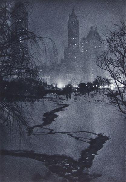 ADOLF FASSBENDER (German/American) Vintage photog: Adolf Fassbender (German/American, 1884 - 1980). "White Night [New York City]". Vintage photogravure. 1936. Printed 1937. Signature stamp, verso. 11 x 7 5/8 in. (279 x 194 mm). This print sold for $97