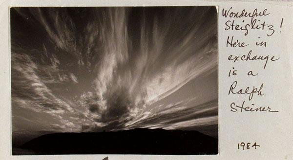 RALPH STEINER (American) Vintage gelatin silver p: Ralph Steiner (American, 1899 - 1986). "Maine Sunset II". Vintage gelatin silver print. c1930s. Printed c1930s. Signed, dated and annotated "Wonderful Steiglitz! Here in exchange is a Ralph Steiner."