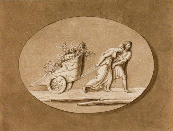 OLD MASTER SCHOOL [ANONYMOUS] Ink and watercolor: Old Master School [Anonymous]. "Pulling a Cart". Ink and watercolor. 18th century. 5 15/16 x 7 3/4 in. (151 x 197 mm). Sheet Size: 6 3/16 x 8 in. (157 x 203 mm). Mounted at upper corners to support sh