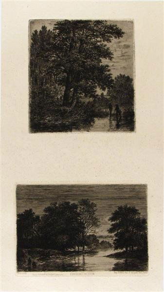 BALTHASAR-JEAN BARON (French) Etchings: Balthasar-Jean Baron (French, 1788 - 1869). "Environs de Lyon". Etchings. 1857. Signed and dated in plate, lower right; blind stamp in lower margin. Full margins. Fine impression. 5 7/16 x 5 1/16 in.