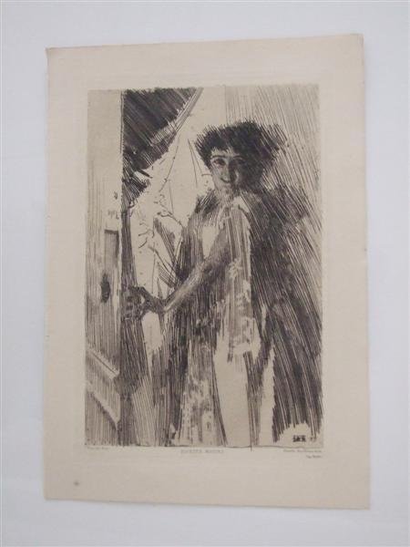 ANDERS ZORN (Swedish) Etching: Anders Zorn (Swedish, 1860-1920). "Rosita Mauri". Etching. 1889. Signed in the plate. Cream, wove paper. Full margins. Fine impression. 9 1/4 x 6 1/4 in. (235 x 159 mm). Fine condition. The auction re