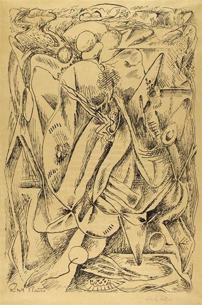 RUDOLF BAUER (German) Original lithograph: Rudolf Bauer (German, 1881 - 1953). "Non-Objective Composition [No. 11]". Original lithograph. c1910s. Very small edition. Signed in pencil, lower right. Partially signed in the stone, lower left. Wid